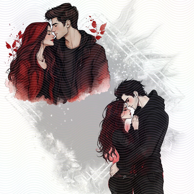 Two illustrations of couples embracing and looking at each other. The first illustration is of a couple in a red and black color scheme, the second illustration is of a couple in a black and white color scheme.