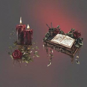 Gothic candles, dark aesthetic, antique desk, florals and red roses.