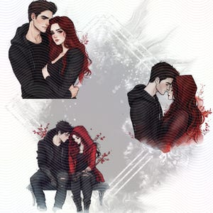 Illustrations of couples in love. Each illustration features a man and a woman in a red hooded cloak. The illustrations are set against a white background with a wavy pattern.