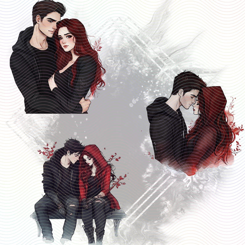 Illustrations of couples in love. Each illustration features a man and a woman in a red hooded cloak. The illustrations are set against a white background with a wavy pattern.