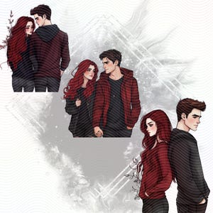 Three couples standing together. The couples are all wearing red and black clothing. The background is a white and gray abstract design.