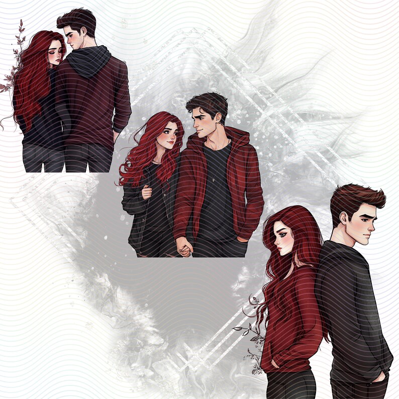 Three couples standing together. The couples are all wearing red and black clothing. The background is a white and gray abstract design.