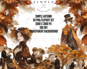 Vintage romantische herfst clipartset: 50 aquarel png's (digitale download)