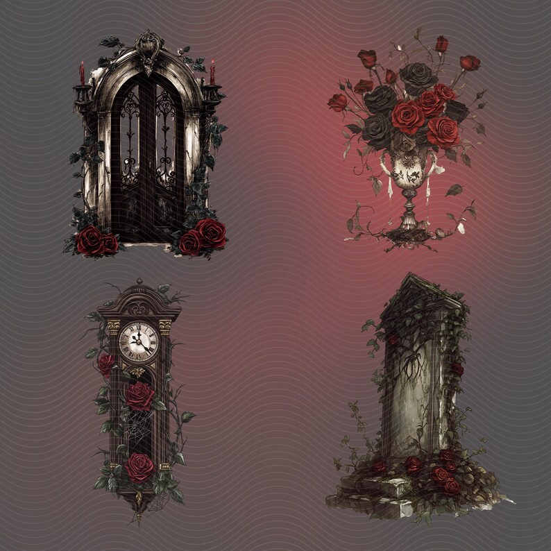 Gothic gate with candles and red roses, flower arrangement on antique vase, antique wood grandfather clock with cobwebs, red roses and greenery accents, gothic stone tombstone with ivy vines, red roses and greenery.