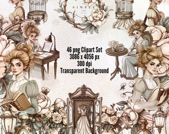 Lot de cliparts victoriens | 46 images PNG vintage dans des tons neutres - Pour les journaux numériques, les agendas et les projets de sublimation