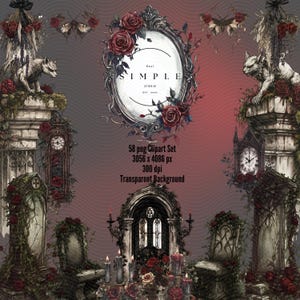 Pacchetto di clipart in stile gotico vittoriano / 58 PNG di lapidi, rose rosse e oggetti effimeri - Arte estetica dark per planner e album di ritagli