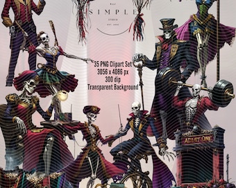 Dark Carnival-clipartbundel: 35 griezelige skelet-png's (digitale download)