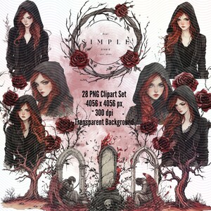 May include: A set of 28 digital clipart images featuring a hooded woman with red hair, a gothic style, and a dark background. The images are 4056 x 4056 pixels and 300 dpi. The text "Simple Studio" is visible in the image.