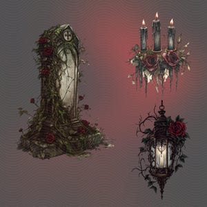 Gothic stone toombstone with red roses, ivy vines and greenery. Gothic candles with red roses and greenery.  Gothic lamp with ivy vines, greenery and red roses.