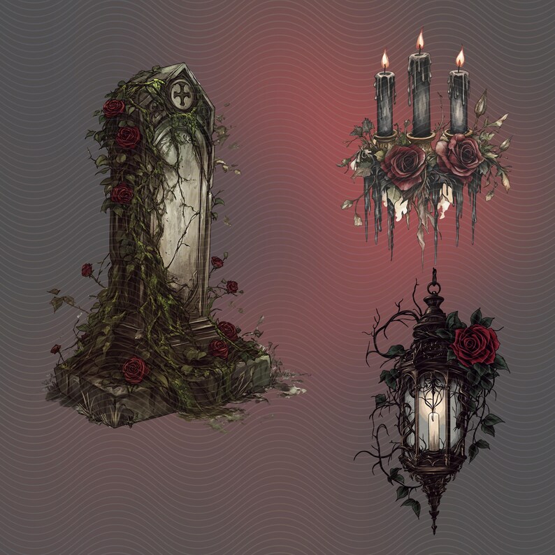 Gothic stone toombstone with red roses, ivy vines and greenery. Gothic candles with red roses and greenery.  Gothic lamp with ivy vines, greenery and red roses.