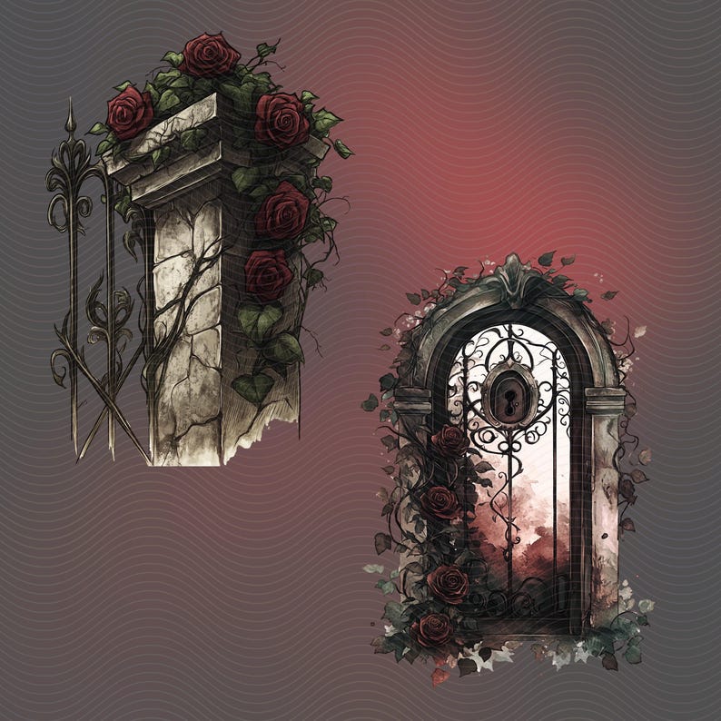 Gothic fence with red roses and greenery, gothic gate4 withred roses and greenery, dark aeithetic, gothic aesthetic.