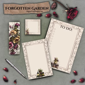 May include: A digital stationery set with a floral theme. The set includes a bookmark, a square note card, two notepads, and a "To Do" list notepad. The stationery features a floral design with a pen and rose petals scattered around.