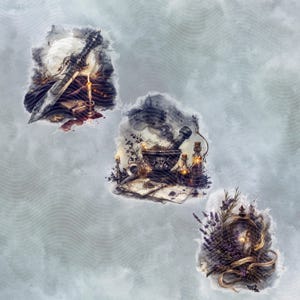 Witch’s mortar and pestle with glowing potion and handwritten grimoire notes