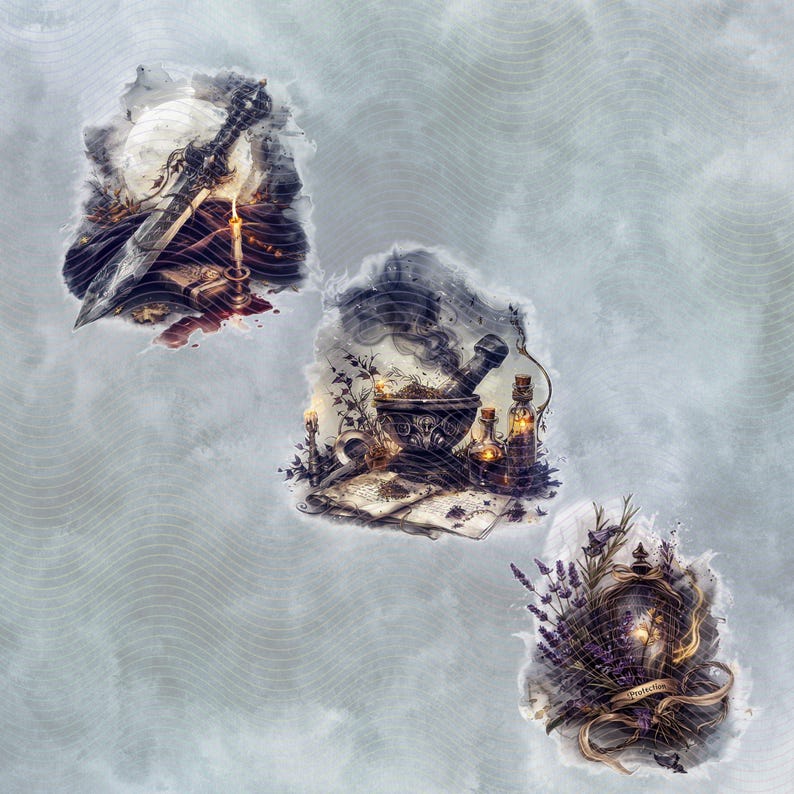 Witch’s mortar and pestle with glowing potion and handwritten grimoire notes