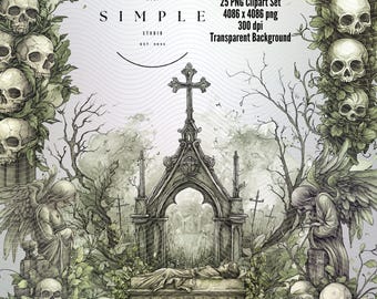 Gotische begraafplaats clipartbundel | 25 Haunted Graveyard-png's met grafstenen, treurende engelen en kaarsen - duistere kunst voor tijdschriften en sublimatie