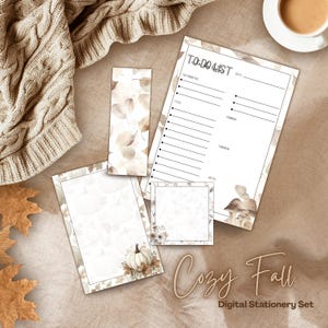 May include: A digital stationery set with a cozy fall theme. The set includes a to-do list, notepad, and bookmark, all featuring a watercolor design of pumpkins and leaves. The words "Cozy Fall" and "Digital Stationery Set" are visible.