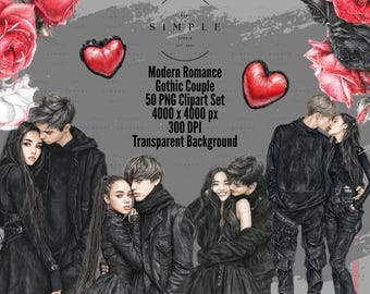 Gothic Romance Clipart Package | Emo Valentine PNG Designs with Red Roses and Hearts