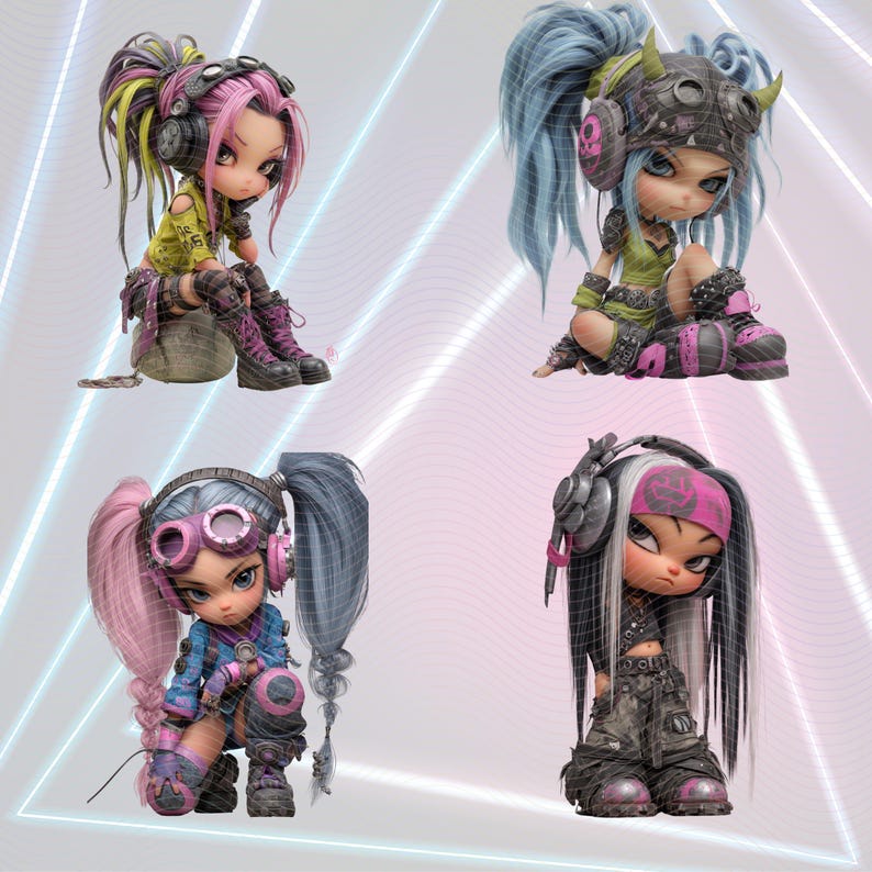 Cyberpunk Chibi Clipart Bundle: Rave Girls, Neon Pngs (digital Download ...