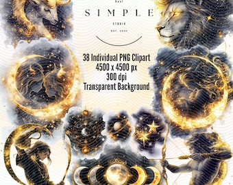 Zodiac Clipart Bundle: Gold Astrology Symbols, Celestial PNGs Digital Download