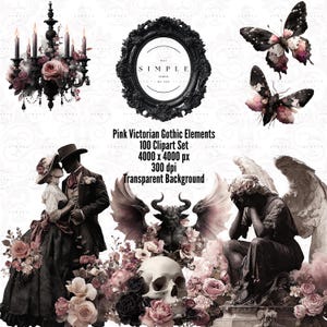 May include: A digital artwork featuring pink Victorian gothic elements. The image includes a black chandelier, ornate frame, butterflies, a couple in Victorian attire, a skull, and an angel statue. Text reads "Pink Victorian Gothic Elements 100 Clipart Set".