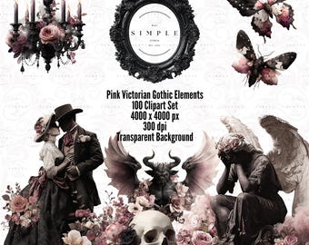 Pink Gothic Clip Art Bundle: Victorian Floral Elements (Digital Download)