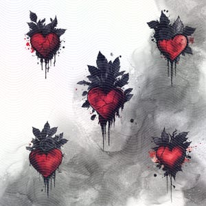 Five red hearts with black leaves and dripping paint. The hearts are broken and cracked. The background is a white and gray watercolor wash.