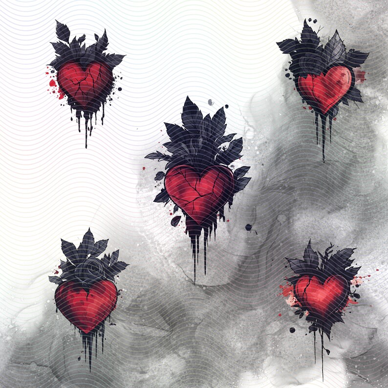Five red hearts with black leaves and dripping paint. The hearts are broken and cracked. The background is a white and gray watercolor wash.
