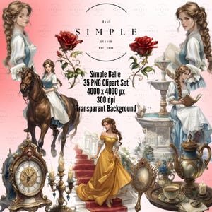 Clipart di La bella e la bestia / Semplici illustrazioni PNG di Belle 35 / Arte cottagecore vintage con sfondo trasparente