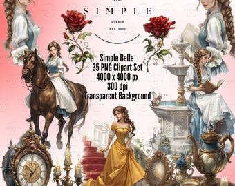Belle en het beest-clipart: belle-illustraties, vintage Cottagecore (35 png-bestanden)