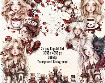Alice in Wonderland-clipart: grillige fantasie png-bundel (digitale download)