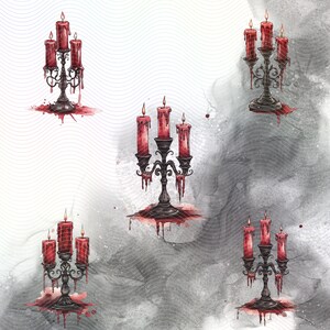 Four black candle holders with red candles. The candles are dripping wax and the candle holders are on a white and gray background.