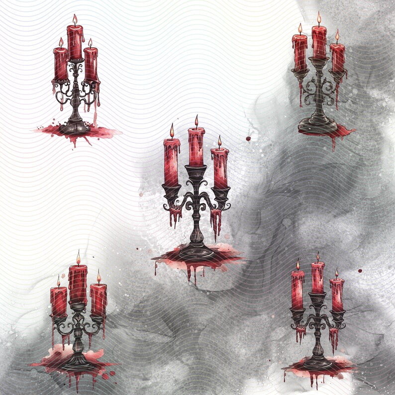 Four black candle holders with red candles. The candles are dripping wax and the candle holders are on a white and gray background.