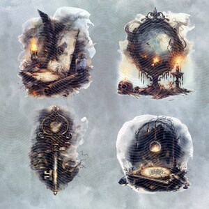 Eerie scrying mirror surrounded by candles and smoke for dark divination themes