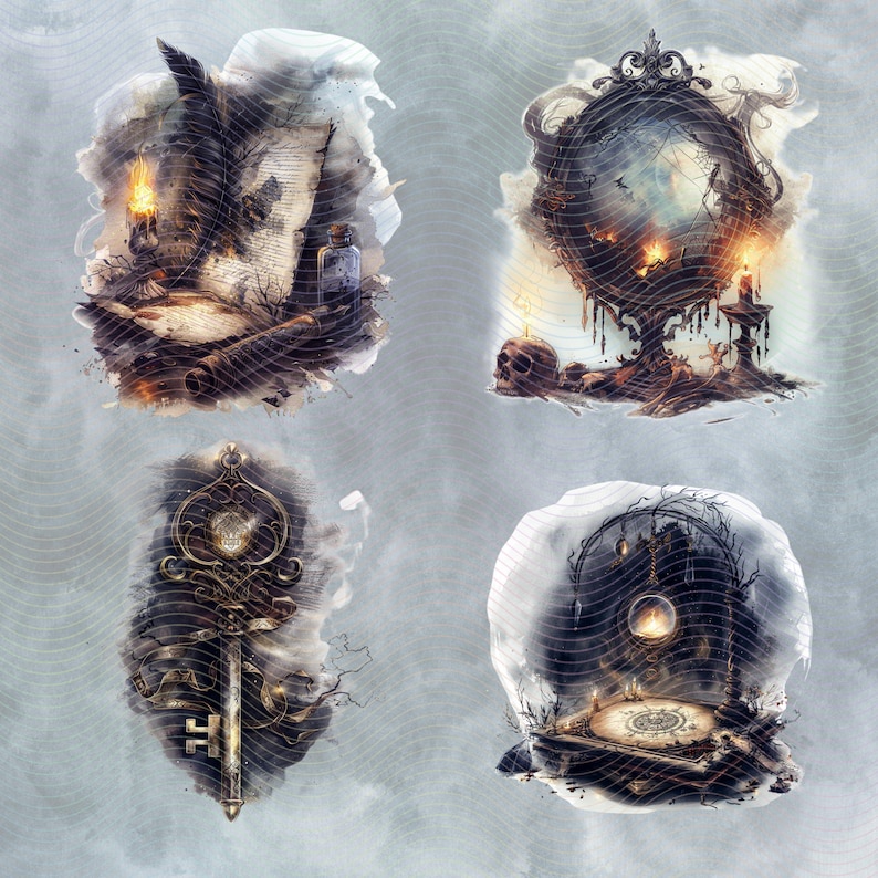 Eerie scrying mirror surrounded by candles and smoke for dark divination themes