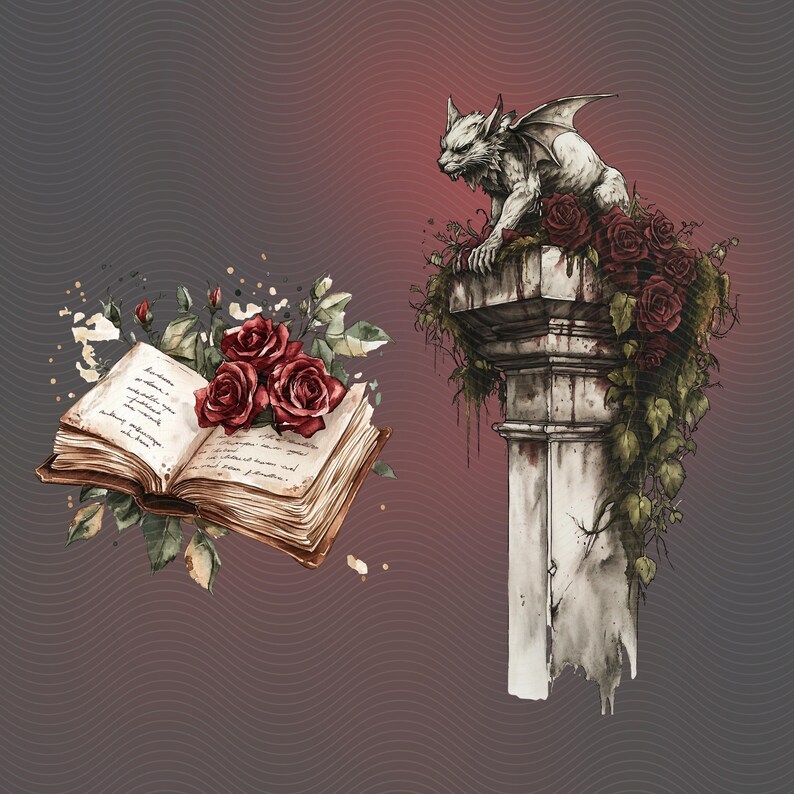 Gothic stone gargoyle with red roses and greenery.  Gothic open book with cursive script and red rose details.