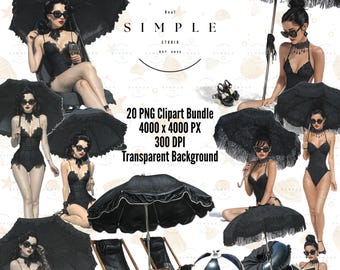 Gotische zomerstrand clipartbundel | 20 png donkere vintage ee-esthetiek | Zwart retro badpak | Gothic meisjes