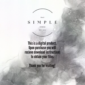 A black and white image with a wavy pattern background. The image contains the text 'Real SIMPLE STUDIO EST 2035' and the text 'This is a digital product. Upon purchase you will recieve download instructions to obtain your files. Thank you for visiting!'.