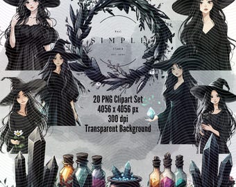 Witch Clipart Bundle: 20 Witchy PNGs, Potion Bottles & Crystals (Digital Download)