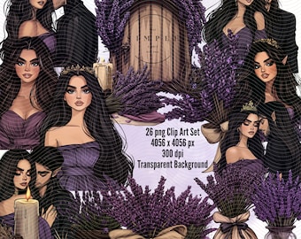 Romantische stelletjes clipart | Paarse tinten, lavendel, fantasie PNG's (digitale download)