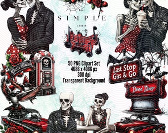 Gotische clipart rockabilly-skelet: jaren 50 Greaser pin-up png's (digitale download)