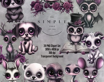 Cute Gothic Pet Chibi Clipart | 20 Spooky Cute PNGs in Purple & Pink – Digital Stickers for Journals, Planners and Sublimation
