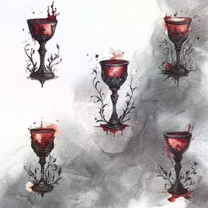 Four black chalices with red liquid inside, each chalice is surrounded by black vines and leaves, the background is a white and gray watercolor wash