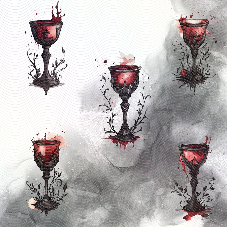 Four black chalices with red liquid inside, each chalice is surrounded by black vines and leaves, the background is a white and gray watercolor wash