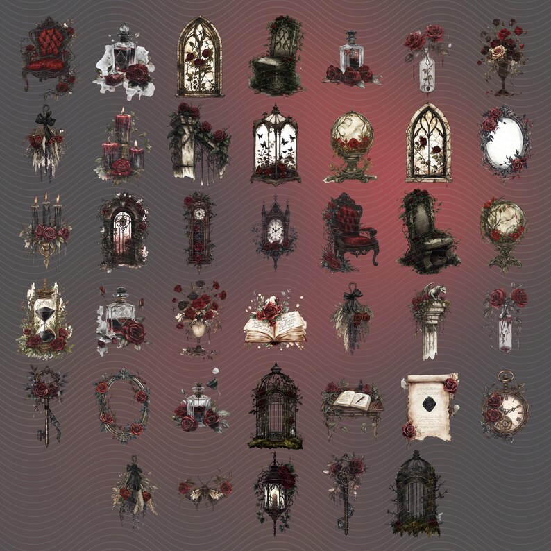 May include: A collection of gothic-themed stickers featuring various designs. The stickers include ornate chairs, arched windows, hourglasses, clocks, birdcages, and open books, all adorned with red roses. The color palette is primarily dark red, black, and white, creating a vintage aesthetic.
