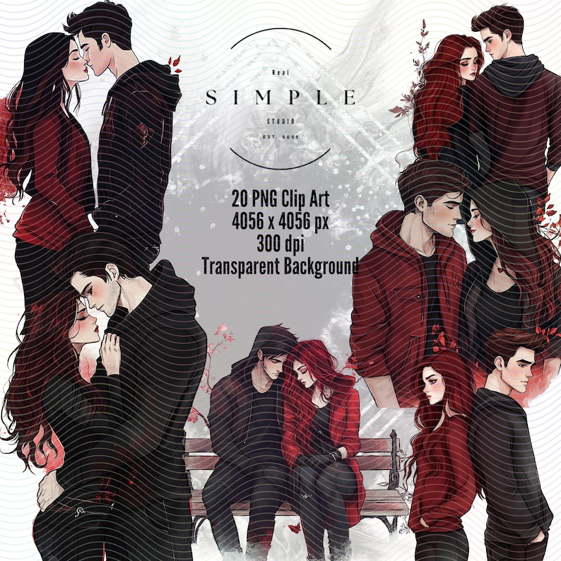 20 PNG clip art images of couples in various poses. The images are set against a transparent background. The images are 4056 x 4056 pixels and 300 dpi. The text 'Real SIMPLE STUDIO' is at the top of the image. The text '20 PNG Clip Art 4056 x 4056 px 300 dpi Transparent Background' is in the middle of the image.