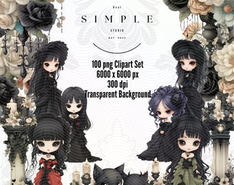 Gotische chibi-clipartbundel: Victoriaanse poppen en ephemera (100 png-bestanden)