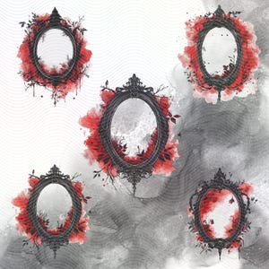Four black ornate oval frames with red watercolor splatters on a white and gray background. The frames are empty and have a vintage look.