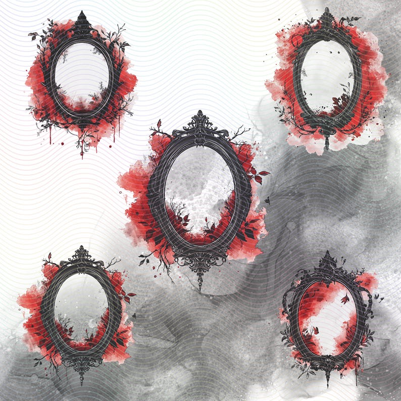 Four black ornate oval frames with red watercolor splatters on a white and gray background. The frames are empty and have a vintage look.