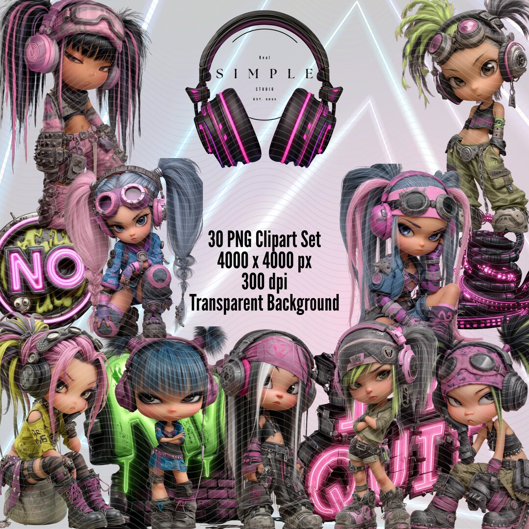 Cyberpunk Chibi Clipart Bundle: Rave Girls, Neon Pngs (digital Download ...