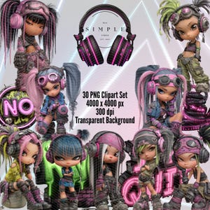 Chibi Clipart Bundle | 30 PNGs of Rave Girls, Cyberpunk Dolls & Neon Elements – Sublimation and Digital Sticker Art